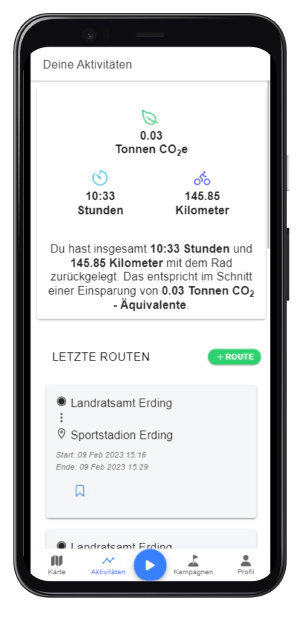 Screenshot der Radfahr-App